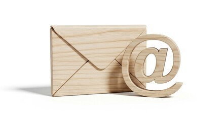 Wooden envelope icon symbol on white background studio shot