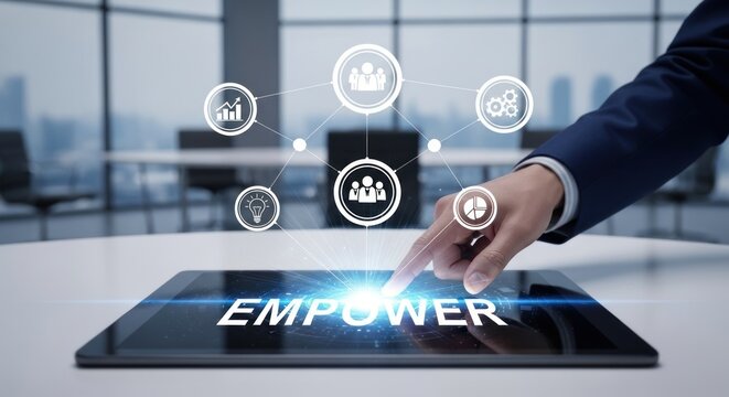 Businessman activating digital concept empowerment on tablet screen with connected business icons for strategy, teamwork, ideas, growth in modern office environment