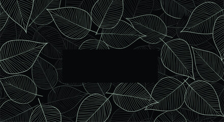 Elegant dark background featuring a dense pattern of delicate, light green outlined leaves with a central black rectangle for text.