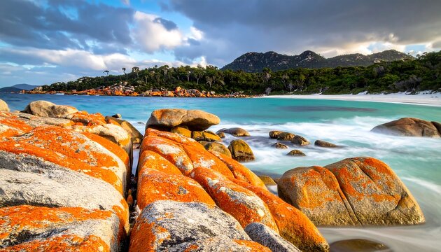 Coastal scene showing orange-lichen covered rocks and turquoise water