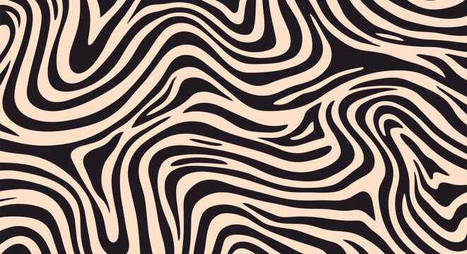 Abstract seamless background with a flowing, wavy pattern of black and tan stripes resembling zebra print or liquid marble.
