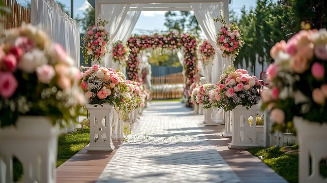Beautiful outdoor wedding aisle decor with pink and white floral arrangements, elegant arch, and flowing fabric.
