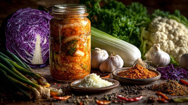 Colorful assortment of fresh vegetables with a jar of homemade fermented food surrounded by spices and herbs in a rustic kitchen setting