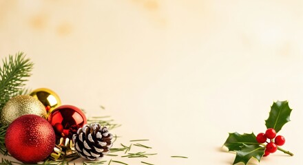Elegant holiday season composition with traditional Christmas elements: colorful baubles, rustic pinecone, fresh evergreen foliage, and classic holly, set against a soft, neutral background.