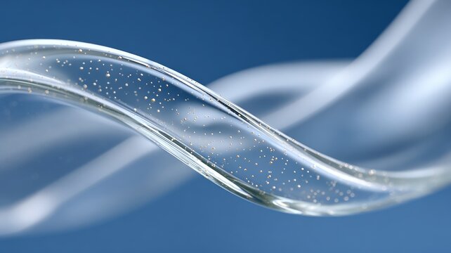 Clear fluid wave with suspended golden particles on a clean blue background, luxury cosmetic concept