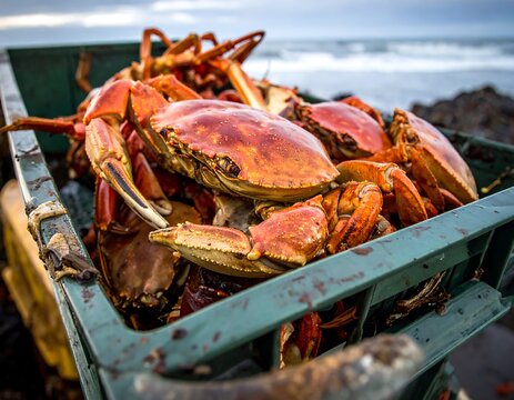 Crate of freshly caught Dungeness crabs, orange shells shimmering against a beachy backdrop