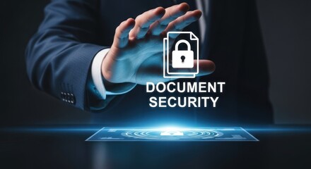 Businessman hand touching virtual interface with document security icon glowing holographic padlock, for data protection, confidentiality, digital information access control strategy