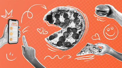 Enjoy online food delivery order pizza and burgers via a mobile app.A trendy halftone collage.Monochrome elements.Creative design.Food concept, restaurant and cafe menu template,ordering and delivery.