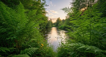 Fototapeta premium Lush green foliage frames a calm river flowing through a densely vegetated area at twilight
