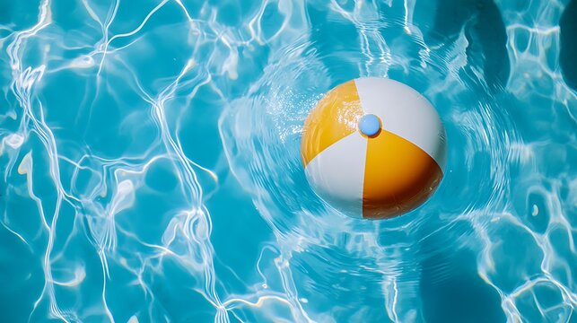 Inflatable yellow and white beach ball floating in bright blue swimming pool water with sunlight ripples.