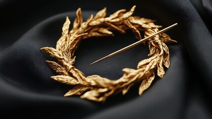 Golden laurel wreath brooch symbolizing triumph and honor, an elegant abstract concept of achievement, success