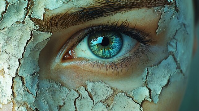 A close-up showing an eye with a vibrant iris with a skin condition of the human face. A creative and detailed shot with contrasting textures offering a unique visual impact and drama.