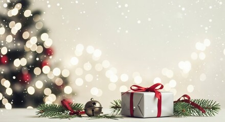 Festive Christmas holiday background with a beautifully wrapped gift, jingle bell, and pine branches, featuring a blurred sparkling tree and falling snow.