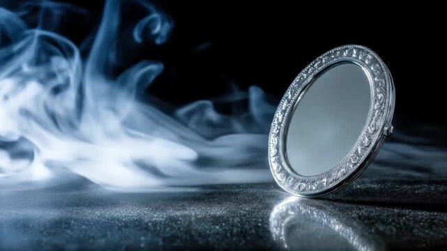 A decorative silver-framed mirror rests on a shimmering surface, with blue smoke against a dark background