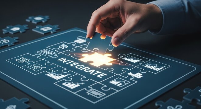 Businessman placing final glowing puzzle piece labeled integrate digital schematic business components, for system connection, successful project completion, strategy alignment