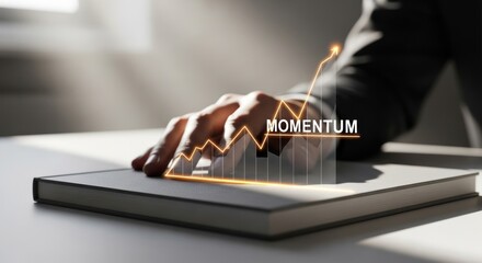 Businessman's hand hovering over holographic upward trending financial graph labeled momentum resting on dark notebook, for growth, success, positive business strategy