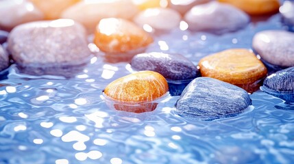 Smooth, rounded stones in various colors float on the surface of clear blue water, with sunlight creating bright reflections.