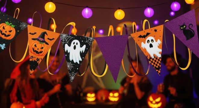 Vibrant Halloween party decoration display with hanging colorful orange and purple monster ghost characters glowing lights festive atmosphere perfect for seasonal celebration holiday parties and spook