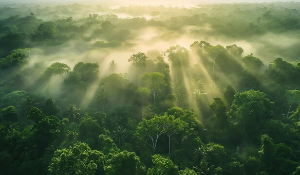 Aerial view of the rainforest with sun rays breaking through fog creating an enchanting and mystical atmosphere over lush green canopy