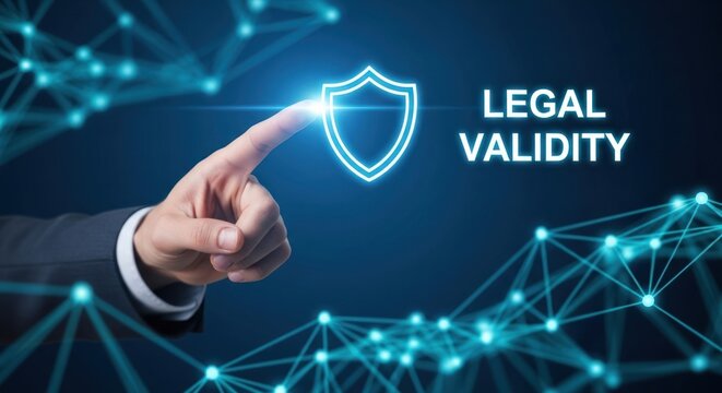 Businessman touching glowing shield icon with text legal validity against dark blue background for digital security, blockchain verification, contract agreement assurance