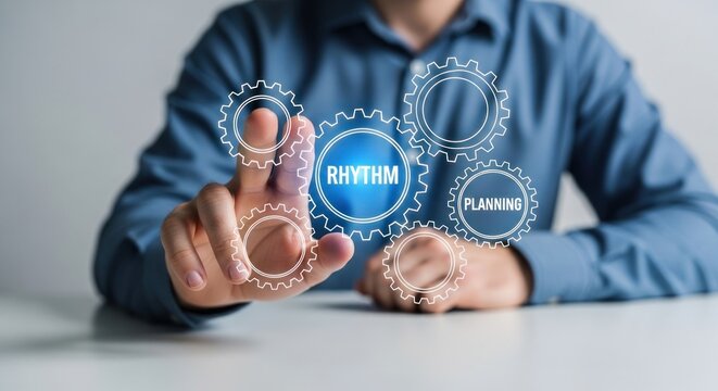 Businessman touching glowing interface with interconnected gears labeled rhythm planning, for workflow management, business process optimization, achieving operational synchronization