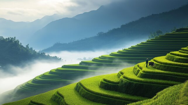 Terraced rice fields in the mountains with foggy morning scene showing farmers working on ancient terrace fields with green grassland - Powered by Adobe