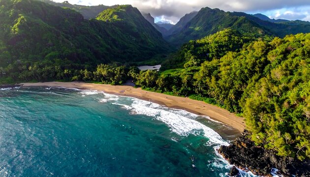 Breathtaking aerial view of a serene beach embraced by lush green mountains - Powered by Adobe
