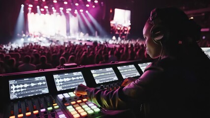 Sound engineer mixes audio at live music performance with illuminated stage, concept for concert production, broadcast control and entertainment industry promotion
