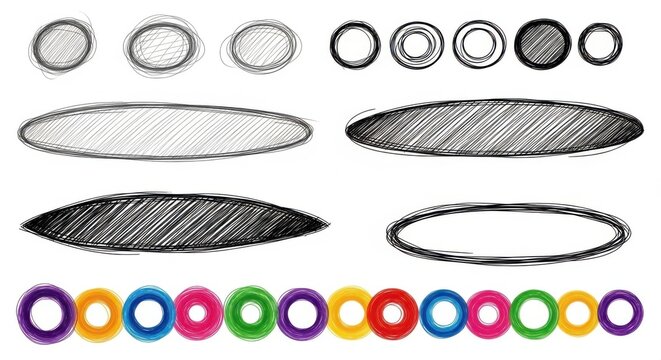 Collection of decorative graphic design elements including circles ovals and colorful rings in various colors arranged in rows perfect for web design user interface icons and digital design