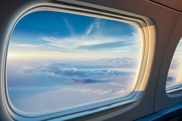 Naklejka premium Spectacular aerial view of majestic snow-capped mountains and cloud formations from an airplane window at sunrise.