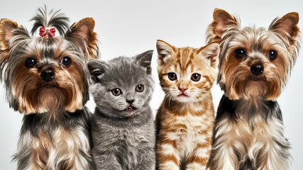 A row of yorkie dogs and kittens posing side-by-side with a light studio background, concept for veterinary clinics, pet food advertising and animal adoption campaigns