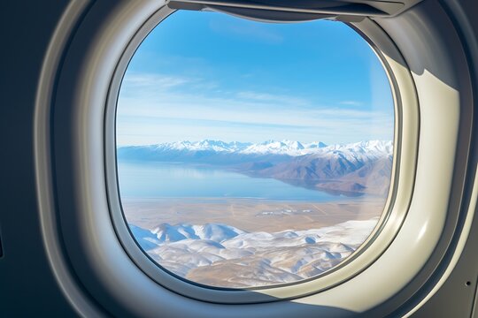 Aerial view from airplane window: majestic snow-capped mountains, vast lake, snowy land, clear blue sky. travel adventure. - Powered by Adobe