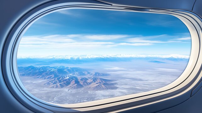 Aerial view of majestic snow-capped mountains and vast blue sky with clouds from an airplane passenger window