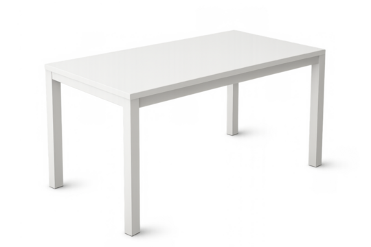 White modern minimalist rectangular dining table or desk, clean empty furniture for office, kitchen, living room, transparent background