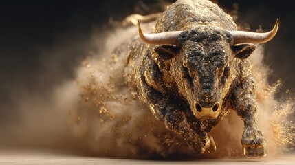 Powerful golden glitter bull symbolizing finance market growth