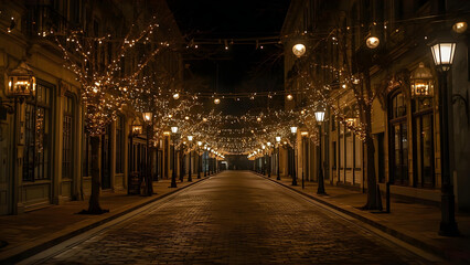 Empty street decorated with glowing lights and hanging lanterns, night ambience, moody celebration