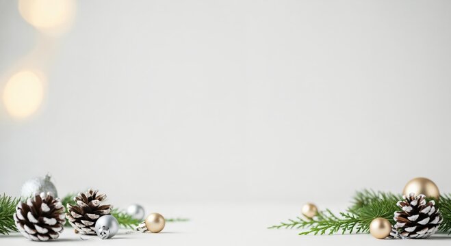 Elegant Christmas holiday background with pinecones, festive ornaments, and evergreen branches on a white surface with bokeh lights, perfect for seasonal greetings and copy space.