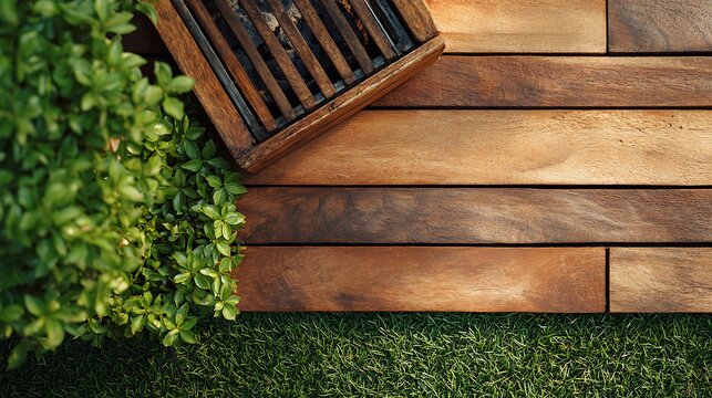 Overhead view of wooden patio floor, green grass, lush bush, and a used charcoal grill grate, perfect for outdoor living.
