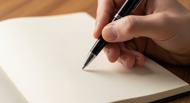 Close up person writing with black rollerball pen on blank cream-colored notebook page, for creativity, planning, documentation