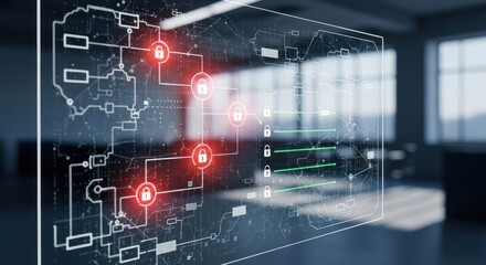 Cybersecurity risk assessment interface with network diagram with multiple red glowing padlock icons indicating threats security breaches in modern digital environment