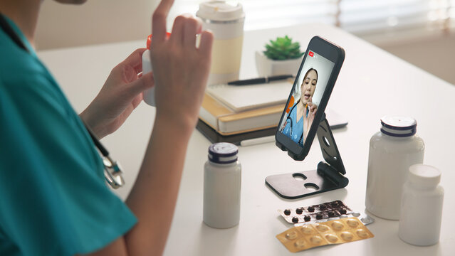 Asia woman people anti aging expert modern health care vlogger live advice talk selfie video mobile phone camera. Online retail diet weight loss digital virtual asian filming vitamin c pill drug store