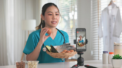 Asia woman people anti aging expert modern health care vlogger live advice talk selfie video mobile...