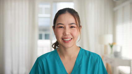 Young adult woman asia people anti aging expert modern nurse happy smile worker live home video...