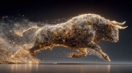 Powerful golden glitter bull symbolizing finance market growth