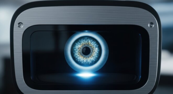 Digital biometric eye scan interface with futuristic glowing iris with complex geometric patterns inside metallic security device, for advanced security access identity verification