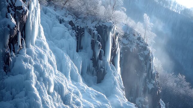 A high-angle view depicts a snow-covered mountain with cascading ice formations, sunlit patches, and trees dusted with snow