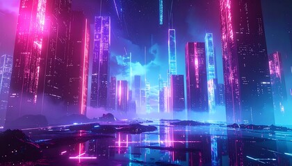 A futuristic cityscape glows with neon lights. Tall skyscrapers pierce the night sky, their reflections shimmering on a wet surface