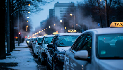 Obraz premium Row of white taxis in snowy winter city symbolizing urban stillness