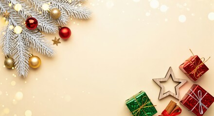 Christmas holiday background with frosted fir branches, red and gold baubles, gift boxes, and wooden star on a light cream surface with bokeh lights and copy space.