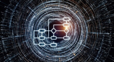 Digital flowchart diagram with glowing white elements on dark abstract background concentric light trails, for complex data processing, decision making, system architecture planning